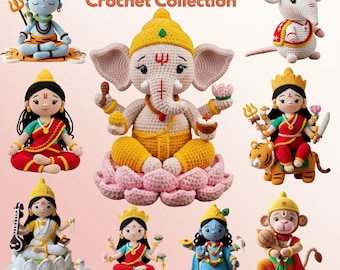 Conjunto de figuras de ganchillo de dioses hindúes, muñecos de Ganesha, Shiva y Lakshmi hechos a mano, decoración de altar espiritual de estilo bohemio, regalo de meditación para amantes del yoga y del hinduismo.