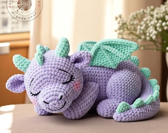 Sleeping Dragon Plush Handmade Crochet Toy, Soft Amigurumi Fantasy Animal For Kids, Cute Stuffed Dragon For Nursery Or Bedtime Gift