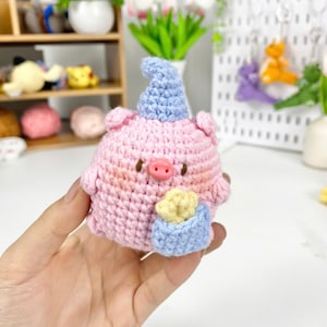 Kawaii Chubby Pig Handmade, Cute Pig Crochet, Pink Pig Plush, Amigurumi Pig Toy, Adorable Pig Keychain, Sleepy Pig Plush, Pig with Ice Cream