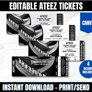 Bearbeitbar Ateez World Tour Dem Licht entgegen: Will to Power Konzertkarte, Ateez personalisierte Konzertkarte, Canva Digital Download