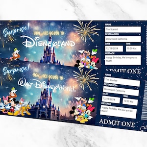 May include: Two navy blue Disneyland and Walt Disney World admission tickets. The tickets feature fireworks, Disney characters, and the text "Surprise! You are going to Disneyland" and "Surprise! You are going to Walt Disney World."