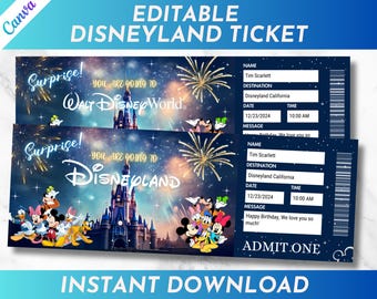 Boleto editable para Disneyland, boleto para Disneyworld, boleto editable con revelación sorpresa, boleto para parque temático, boleto sorpresa de regalo, descarga instantánea