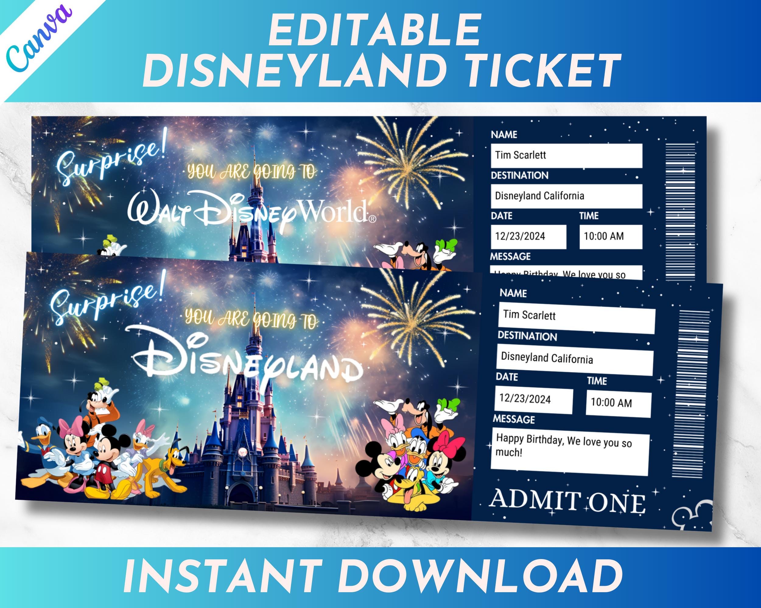 Editable Disneyland Ticket, Disneyworld Ticket, Surprise Reveal Editable Ticket, Theme Park Ticket, Surprise Ticket Gift, Instant Download