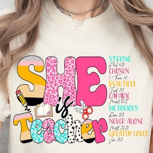 She is Teacher Png, Teach Love Inspire Png, Christian Teacher Png, Bible Verses Png, Teacher Floral Mothers Day Gift, Teacher Pencil Bow Png