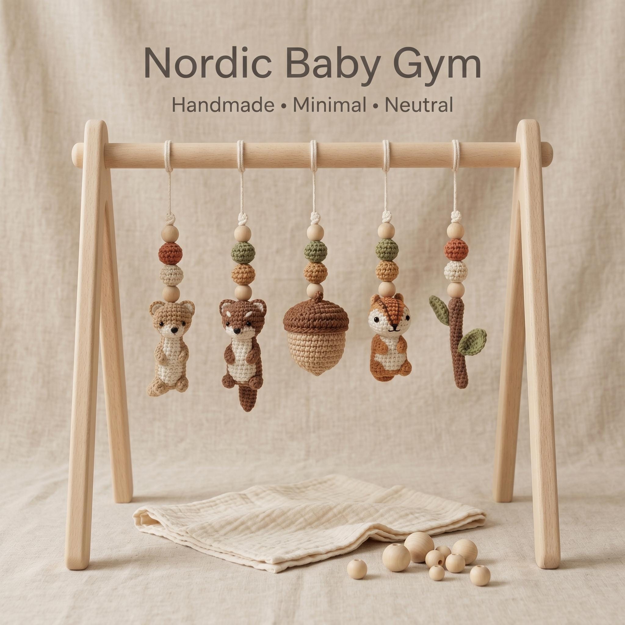Neutral Woodland Baby Gym, Minimalist Wooden Play Gym with Crochet Raccoon Fox, Montessori Activity Frame, Scandinavian Nursery Decor