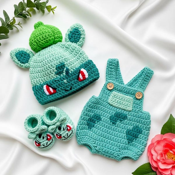 Set di abiti all'uncinetto per neonati, costume da Pokémon Bulbasaur, cosplay di Grass Starter, maglione all'uncinetto per neonati