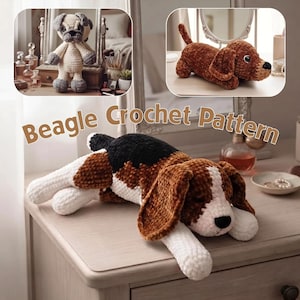 May include: A crochet beagle dog toy with brown, white, and black yarn, featuring long ears and a soft texture. The image includes text that reads Beagle Crochet Pattern, along with two smaller inset images showing a standing pug and a brown dog.