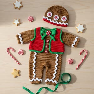 Handmade Crochet Gingerbread Baby Outfit – Christmas Cookie Costume with Hat and Bow, Holiday Newborn Photo Prop, Cute Xmas Baby Gift