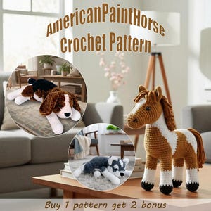 Patrón de ganchillo de caballo American Paint en PDF, tutorial de amigurumi de caballo, patrón de peluche de animal de granja, descarga instantánea.