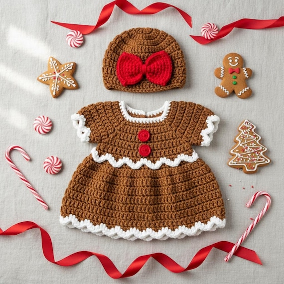 Crochet Gingerbread Baby Girl Dress  Handmade Christmas Outfit With Red  Bow Hat, Holiday Photo Prop, Cute Newborn Xmas Gift - Etsy