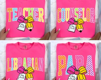 Custom Teacher Back to School Png Bundle, Custom Coquette Bow Para/Librarian/ Counselor Png, Girly Pink Bow Png