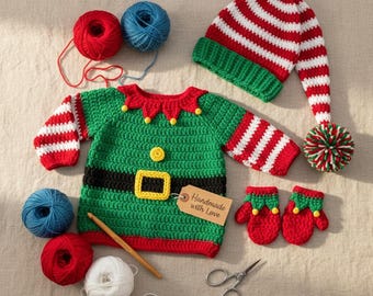 Handmade Crochet Elf Baby Outfit – Christmas Costume Set with Striped Hat and Mittens, Holiday Photo Prop, Newborn Xmas Gift