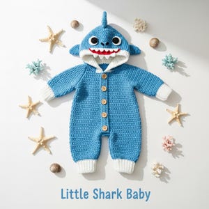 かぎ針編みのベビーシャークの衣装、手作りの青いフード付きロンパース、かわいい海をテーマにした幼児服ギフトセット
