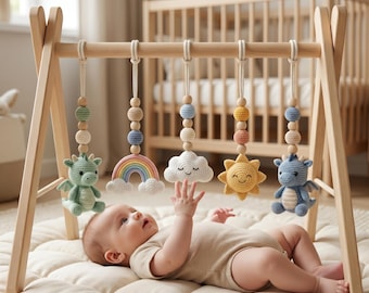 Gimnasio de juegos para bebés con forma de dragón, hecho a mano y personalizado, juguetes Montessori de ganchillo para bebés, gimnasio de actividades de madera, decoración neutra para la habitación del bebé, regalo para baby shower.
