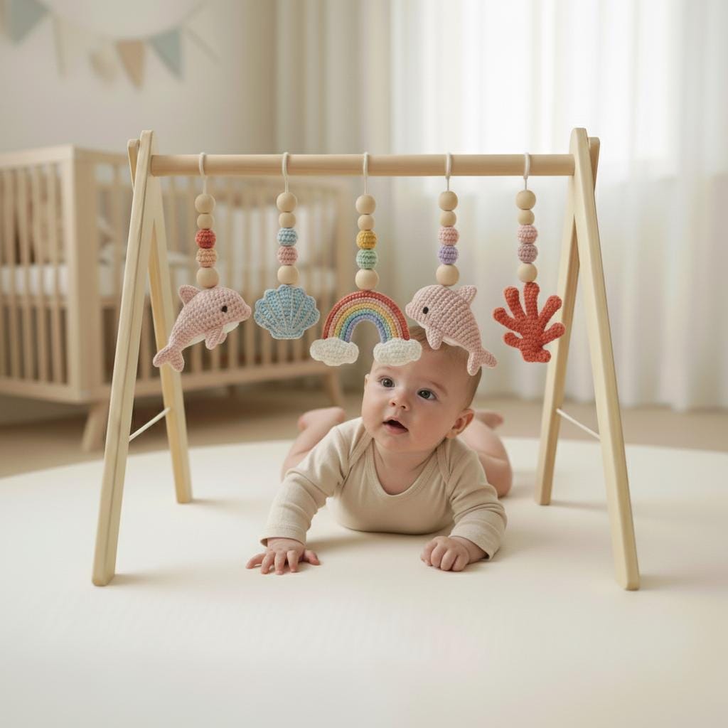 Handmade Custom Baby Play Gym, Ocean Dolphin Crochet Toys, Wooden Montessori Baby Gym, Neutral Nursery Decor, Baby Activity Gym Gift