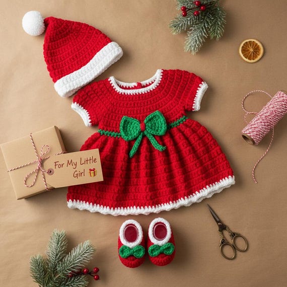 Handmade Crochet Christmas Baby Girl Dress - Red Holiday Outfit with Bow, Hat and Booties, Newborn Xmas Photo Outfit, Cute Baby Gift Handmade Crochet Christmas Baby Girl Dress - Red Holiday Outfit with Bow, Hat and Booties, Newborn Xmas Photo Outfit, Cute Baby Gift
