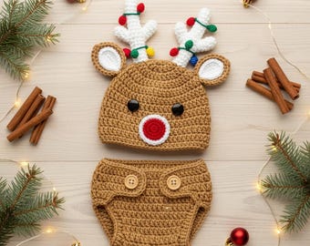 Conjunto de rena de crochê feito à mão para bebê – Fantasia de Natal com chapéu de chifres e capa de fralda, adereço para fotos de recém-nascidos, presente de Natal para bebês