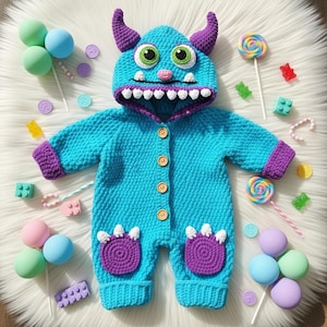 Crochet Baby Monster Outfit, Handmade Hooded Romper with Horns, Cute Infant Costume Gift Set