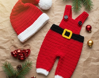 Roupa de Papai Noel de crochê feita à mão para bebê – Conjunto de fantasia de Natal para recém-nascido com chapéu e macacão, roupas para ensaio fotográfico de bebê para as festas de fim de ano, presente de Natal