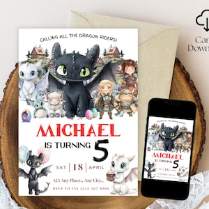Peut inclure: Une invitation d'anniversaire sur le thème des dragons. L'invitation présente un dragon noir et d'autres personnages de dessins animés. Le texte comprend "CALLING ALL THE DRAGON RIDERS!" et "MICHAEL IS TURNING 5", ainsi que la date et les détails RSVP.