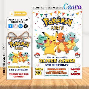 Invito Pokemon modificabile, invito di compleanno Pokemon, invito Pokemon, invito per festa di compleanno Pokemon, invito digitale con carta Pokemon