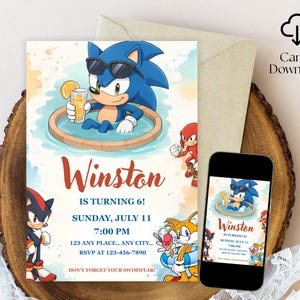 Sonic Pool Party Birthday Invitation, Editable Sonic Canva Template, Sonic Birthday Invite for boys, Summer Party Digital Template