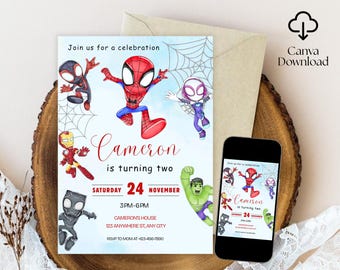 Editable Watercolor Spidey And His Amazing Friends Birthday Party Invitation | Superhero Template Printable | Kids Invite | Instant Download
