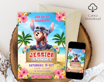 Editable Stitch Invitation, Custom Printable Stitch Party Invite Template, Stitch Birthday Invite, Digital Stitch Birthday Girl Canva Edit