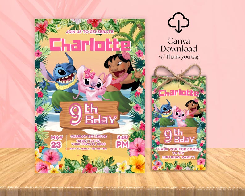 May include: A birthday party invitation and thank you tag featuring cartoon characters Stitch, Angel, and Lilo. The invitation includes the name "Charlotte", the number "9", and party details. The tag says "Thank you for coming to my birthday party!"