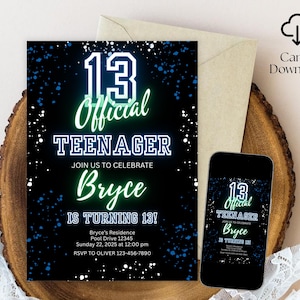 May include: A black and blue birthday invitation with the text "13 Official Teenager" and "Bryce is turning 13!" A smartphone displays the same design. The invitation includes event details and RSVP information.
