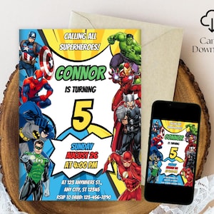 May include: Superhero-themed birthday invitation featuring Captain America, Spider-Man, Batman, Green Lantern, Hulk, Iron Man, Thor, and The Flash. The invitation reads "Calling All Superheroes! Connor is turning 5" with event details.