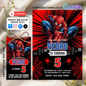 Invitación de cumpleaños de Spider-Man / Plantilla editable e imprimible / Divertida invitación para fiesta de Spider-Man / Fácil edición en Canva / Descarga instantánea