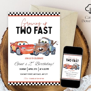 Cars Birthday Party Invitation, Lightning Mcqueen Birthday, Cars Party Invite, Second Birthday Party Invitation, Two Fast, 2, Canva Editable