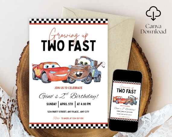 Cars Birthday Party Invitation, Lightning Mcqueen Birthday, Cars Party Invite, Second Birthday Party Invitation, Two Fast, 2, Canva Editable