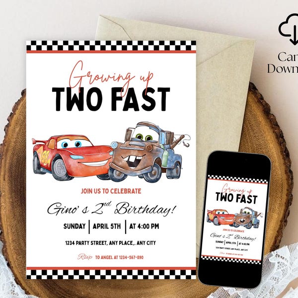 Cars Birthday Party Invitation, Lightning Mcqueen Birthday, Cars Party Invite, Second Birthday Party Invitation, Two Fast, 2, Canva Editable