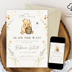 Classic Winnie the Pooh Baby Shower Invitation, Winnie The Pooh Gender Neutral Baby Shower Invite, Boho, Floral, Pooh Baby Shower Ideas