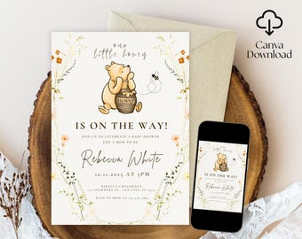 Classic Winnie the Pooh Baby Shower Invitation, Winnie The Pooh Gender Neutral Baby Shower Invite, Boho, Floral, Pooh Baby Shower Ideas