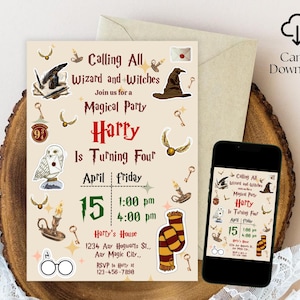 Può includere: Un invito stravagante per una festa magica, con il testo "Calling All Wizard and Witches". L'invito include illustrazioni di un cappello da mago, un gufo, chiavi e una sciarpa. L'invito è per il compleanno di Harry il 15 aprile.