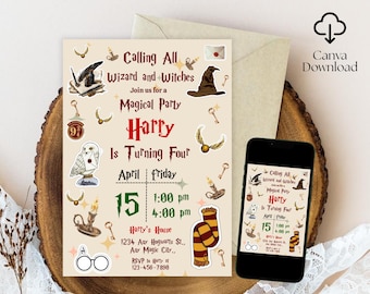 Wizards Witches Birthday Invitation, Magical School Wizardry Birthday Party Invitation, Editable Invite Printable Canva Template