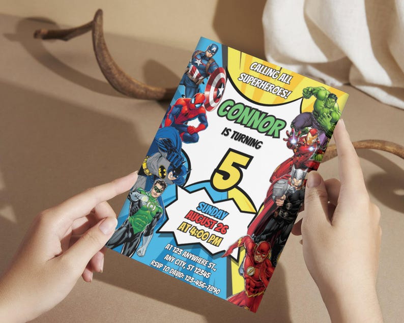 May include: A colorful superhero-themed invitation with Captain America, Spider-Man, Batman, Green Lantern, Hulk, Iron Man, Thor, and The Flash. The invitation reads "Calling all superheroes! Connor is turning 5" with event details.