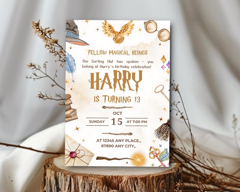 May include: A Harry Potter-themed birthday invitation with watercolor illustrations. The invitation features a sorting hat, golden snitch, glasses, and a wand. Text includes "Fellow Magical Beings" and "Harry is turning 13". The date is October 15th at 7:00 PM.
