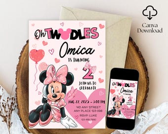 Editable Oh TWOdles Birthday Invitation Digital 2nd Birthday Cute Mouse Second Birthday Invite Oh Twodles Invitation Boho Minnie Invite