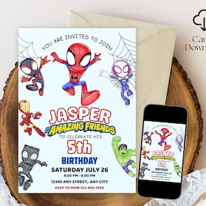 Editable Watercolor Spidey and his Amazing Friends Birthday Party Invitation | Superhero Birthday Invite Canva Template | Instant Download