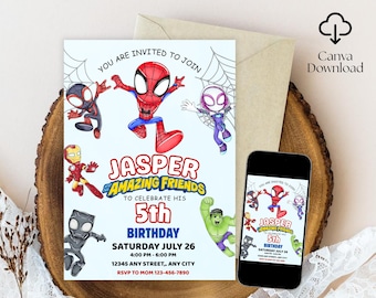 Editable Watercolor Spidey and his Amazing Friends Birthday Party Invitation | Superhero Birthday Invite Canva Template | Instant Download