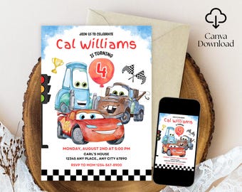 Aquarell Autos-Geburtstagsfeier-Einladung, Lightning Mcqueen Geburtstag, Autos-Party einladen, Einladung zur zweiten Geburtstagsfeier, Canva bearbeitbar
