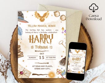Wizards Witches Birthday Invitation, Magical School Wizardry Birthday Party Invitation, Editable Invite Printable Canva Template