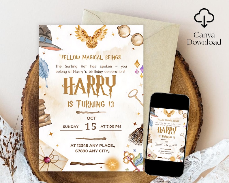 May include: A birthday invitation with a magical theme. The invitation features the text "Fellow Magical Beings" and "Harry is turning 13". It includes illustrations of a sorting hat, owl, glasses, and other magical elements. The date is October 15th.