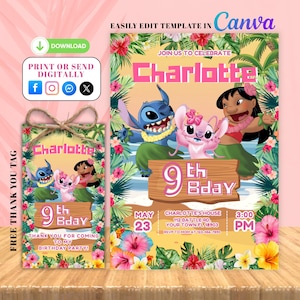 Faire-part d'anniversaire modifiable imprimable personnalisé, invitation d'anniversaire Lilo and Stitch, modèle d'invitation de fête Stitch, toile d'anniversaire fille Stitch