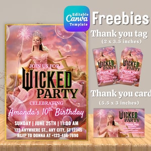 Wicked Geburtstagsfeier-Einladung, Wicked Party-Einladung, WICKED inspirierte Kinokarte, Elphaba & Glinda Theme, Filmparty, Canva Editable