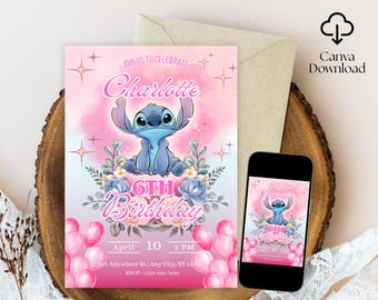 Editable Stitch Invitation, Custom Printable Stitch Party Invite Template, Stitch Birthday Invite, Digital Stitch Birthday Girl Canva Edit